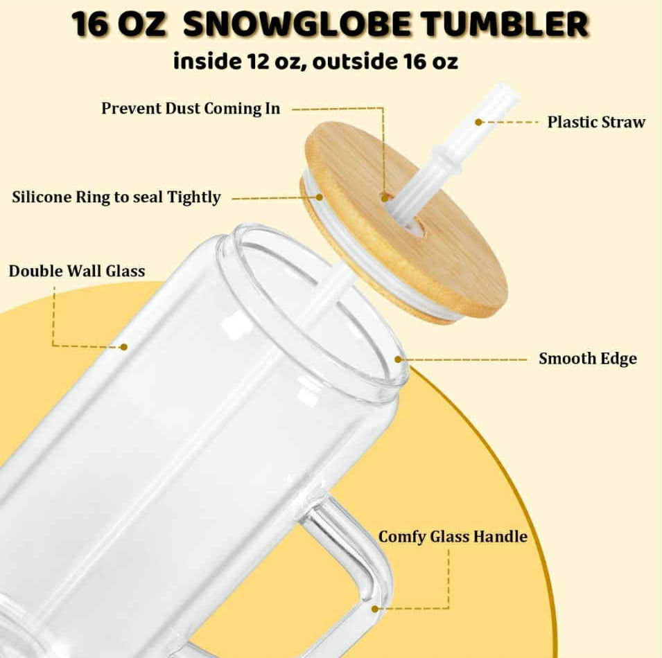 16oz Snowglobe Glass Mug Tumbler